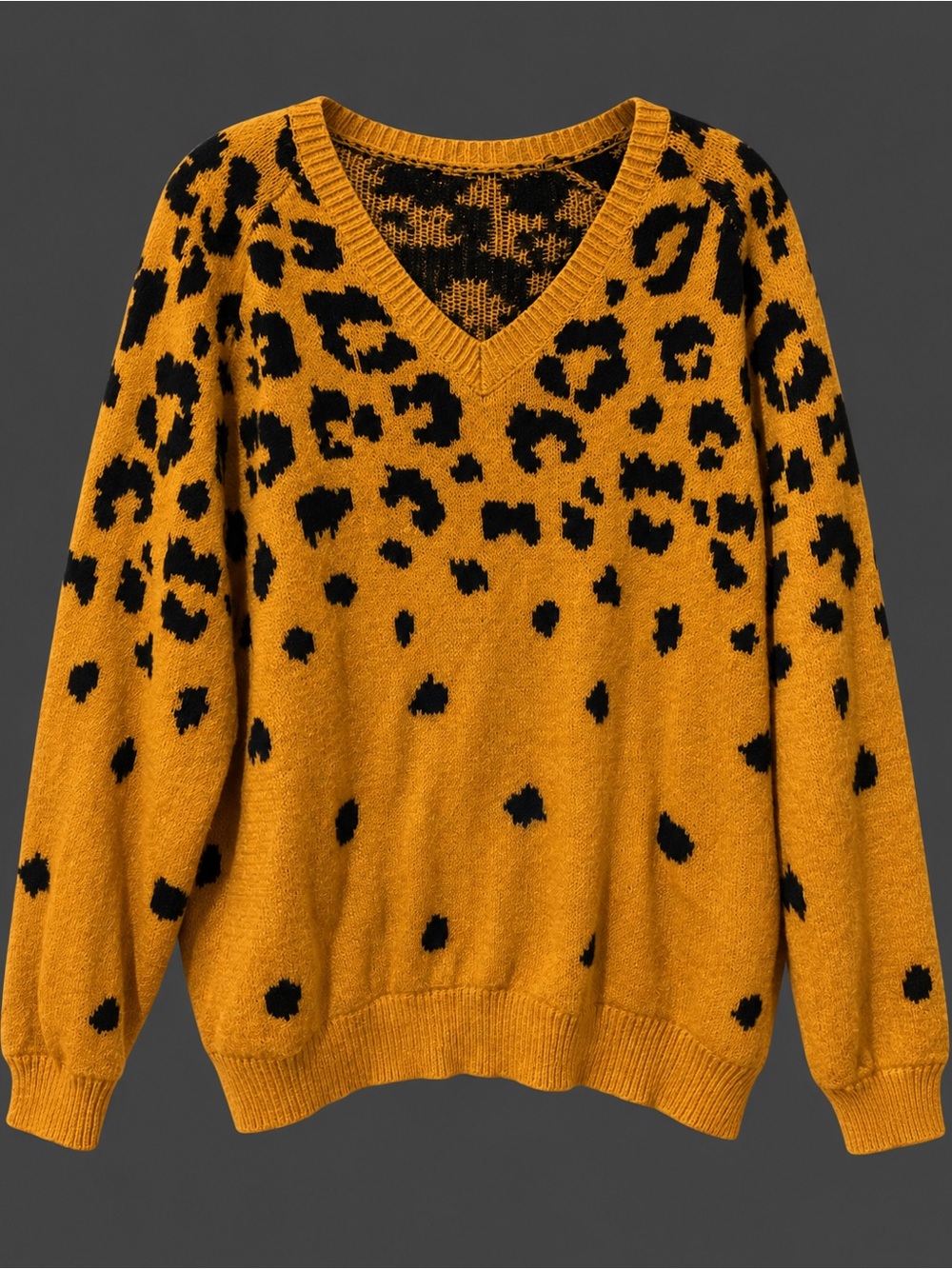 V-Neck Leopard Print Sweater in Mustard and Black